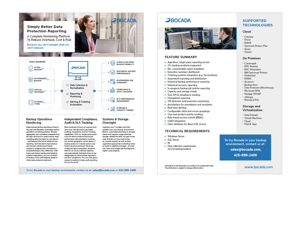 Bocada's Data Sheet, PlanBeyond, USA, 2019