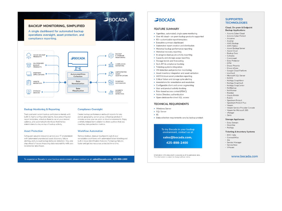 Bocada's New Data Sheet, PlanBeyond, USA, 2022